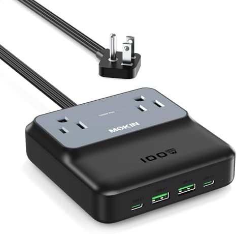 Ultimate 100 W Ga N USB-C Charging Station with Surge Protection – 6-Port Multi-Device Power Strip for Mac Book Pro, i Phone 16 Pro, and Chromebook – Space-Saving Flat Plug Design and 5 ft Extension Cord for Flexible Use – Perfect for Home and Travel
