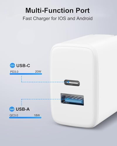 20 W Dual-Port Fast Charger for i Pad: Rapid Charging Solution with 6.6 ft USB-C to Lightning Cable – Compatible with i Pad 9/8/7/6/5, i Pad Air 2/3, i Pad Mini 3/4/5, Compact & Portable Foldable Wall Adapter for Dual Device Charging