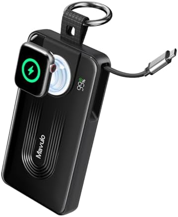 Mavulo Ultra-Fast Wireless Power Bank for Apple Devices – 10000 m Ah Portable Keychain Charger with Retractable USB-C Cable, 20 W Quick Charge Capability, LED Battery Indicator – Compatible with i Phone 15/16, i Pad, Air Pods Pro, and Apple Watch – Sleek Black Design for On-the-Go Power Solutions