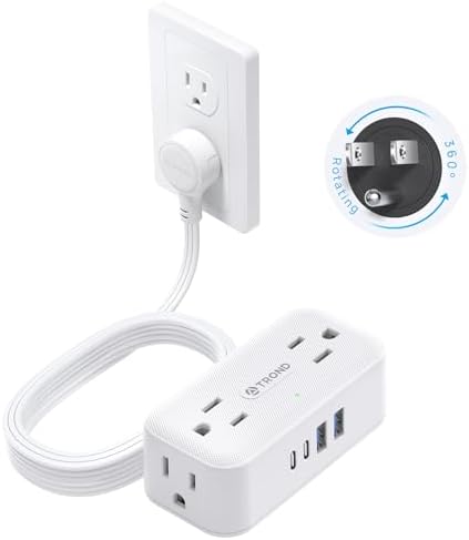 TROND 360° Rotating Flat Plug Power Strip with 5 FT Cord – 4 USB Charging Ports & 4 Wide-Spaced AC Outlets – Wall-Mountable Surge Protector for Office, Dorm, and Travel – 900 J Protection for Maximum Device Safety and Flexibility