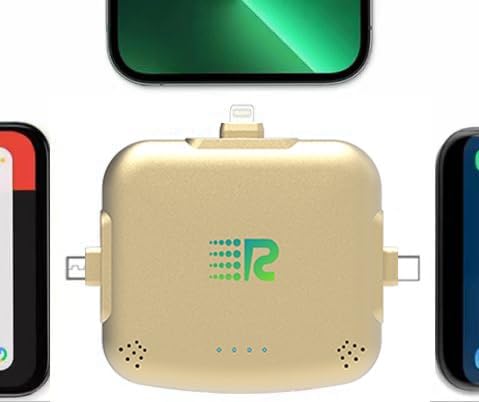 Ultimate Universe 3-in-1 Portable Charger – 3300 m Ah High-Speed Power Bank for i Phone & Android – Fast Charging with 2.4 A Output – Sleek RC33 Gold Design – Simultaneous Charging for 3 Devices – Versatile Compatibility with Lightning, Type C & Micro-USB