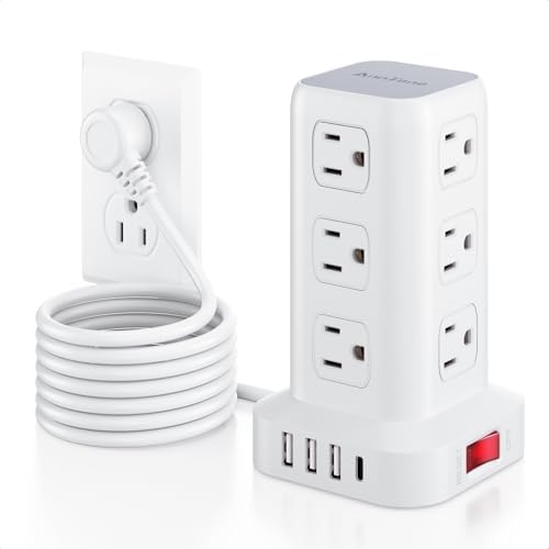 Ultimate Surge Protector Power Strip Tower with 10 FT Cord and 4 USB Ports (1 USB C) – 12 AC Outlets for Home Office and Dorm Room – Space-Saving Design with Enhanced Protection for Your Electronics and Fast Charging Solutions