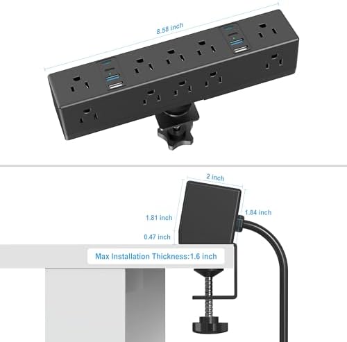 VILONG 40 W Fast Charging Station – Advanced Desk Clamp Power Strip with 8 USB Ports (4 USB-C) and 10 AC Outlets – Perfect for Home & Office Use with 10 Ft Cord – Secure Mount Surge Protector for Clutter-Free Charging Solutions