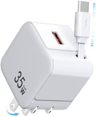 Ultimate 35 W Dual USB-C Charger with Retractable Cable – Fast Power Delivery for i Phone 16/15 Pro Max & Samsung Galaxy – Travel-Friendly 35.4-Inch Tangle-Free Design – Essential Charging Solution for Professionals and Mobile Users Seeking Efficiency