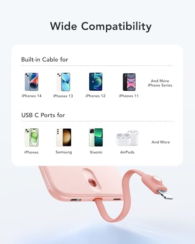 VEEKTOMX Ultra-Slim 5000 m Ah Portable Power Bank with Built-in Charging Cable for i Phone – Lightweight Battery Pack for i Phone 14/13/12/XS/Pro/Air Pods – Quick Charge Convenience in a Stylish Design – Perfect for On-the-Go Power Solutions