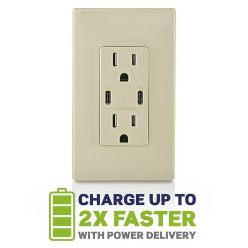 Leviton 60 W Dual USB Type A/Type-C In-Wall Charger – Fast, Efficient Power Delivery Solution for Smartphones, Tablets & Laptops – Tamper-Resistant Outlet in Light Almond for Safe, Clutter-Free Charging Experience – Perfect for Home and Office Use