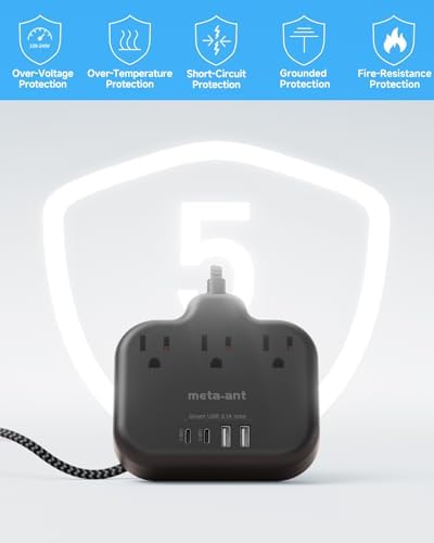 Stylish Brown Travel Power Strip with 5 Ft Cord – Compact Extension Solution Featuring 3 AC Outlets & 4 USB Ports (2 USB-C) for Rapid Charging – Ideal Desk Accessory for Tan Wood and Walnut Grain Décor – Maximize Functionality & Aesthetics in Any Space