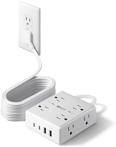 15 Ft Surge Protector Power Strip with 8 Outlets & 4 USB Ports – Wall Mountable Flat Plug Charging Station for Home, Office, and Dorm Room – High-Speed USB-C Compatible Extension Cord for Ultimate Device Connectivity and Safety