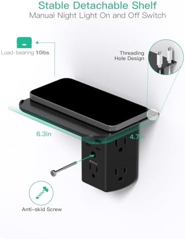 Revolutionary Wall Outlet Extender with Integrated Shelf & Adjustable Night Light – 5 USB Ports Including Rapid USB-C Charging, Surge Protection, and Compact Design for Enhanced Organization and Efficiency