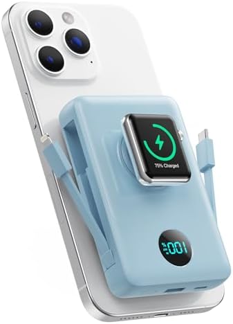 Ultimate 6-in-1 Magnetic Portable Charger, 10800 m Ah Power Bank for i Phone – Features Integrated Cables, Wireless Charging for Apple Watch, Smart LCD Display, and 25 W PD Fast Charging – Perfect Travel Accessory for All Devices with Enhanced Safety Features and Compatibility for i Phone 12 to 16 Series