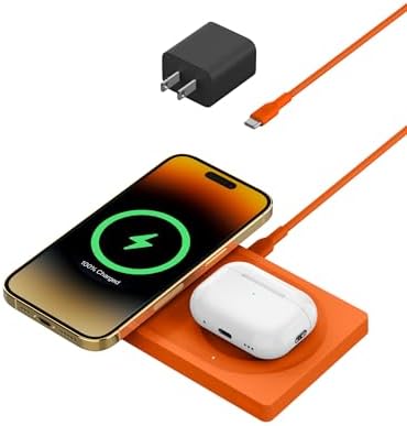 Belkin 15 W Mag Safe-Compatible 2-in-1 Wireless Charging Station – Fast Dual Device Charger for i Phone 16, 15, 14, 13 Series & Air Pods – Sleek Sand Design for Effortless Portability and Seamless Power Solutions