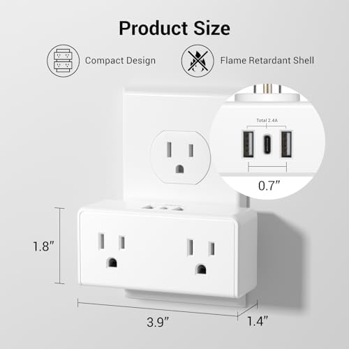 Elevate Your Charging Game with the Clear Power 2-Outlet Power Strip – 6 ft Flat Plug Power Station Featuring 3 USB Ports (1 USB-C) for Rapid Device Charging, Ideal for Home, Office & Travel, Durable & Compact Design, White, Model DC3 S-1102-DC