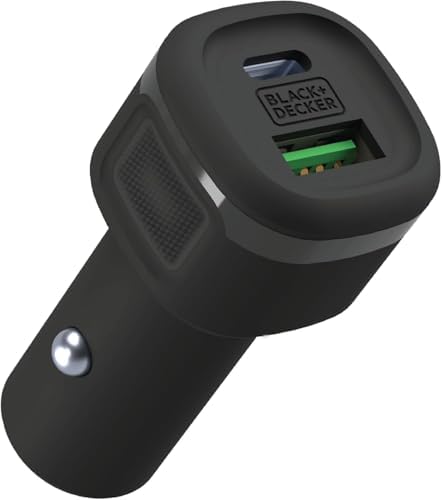BLACK+DECKER 38 W Dual USB-C Car Charger – Compact Fast Charging Adapter with LED Indicator for i Phone 16/15/14/13/12, Pixel 3/2 XL, i Pad Pro – Advanced Power Delivery & Qualcomm Quick Charge Technology for Optimal Performance on the Go