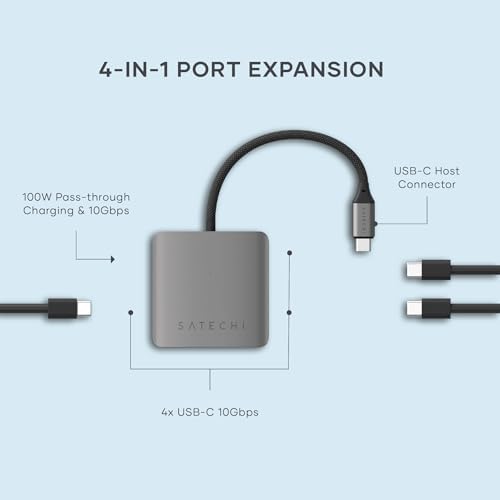 Satechi 4-in-1 USB-C Hub: Ultimate 10 Gbps Data Transfer & 100 W Pass-Through Charging for Mac Book, i Pad, i Phone, Surface, Chromebook – The Perfect On-the-Go Connectivity Solution for Professionals Seeking Efficiency and Style