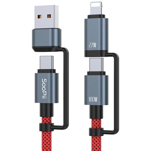 SOOPII 100 W 6.6 FT 4-in-1 Multi-USB C Charging Cable – Fast Charging Solution with USB-C, USB-A, and Lightning Connectors – Durable Nylon Braided Design for Phones, Tablets, and Laptops – Ultimate Versatility for Home and Travel