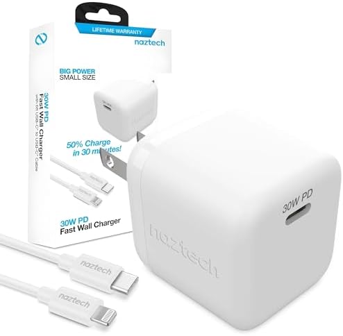 Naztech 30 W USB-C PD Fast Wall Charger with 6 ft MFi Certified USB-C to Lightning Cable – Optimal Charging Solution for i Phone, Android & Laptops – Travel-Friendly Power Delivery Adapter in Sleek White Finish – Rapid Charging Meets Durability