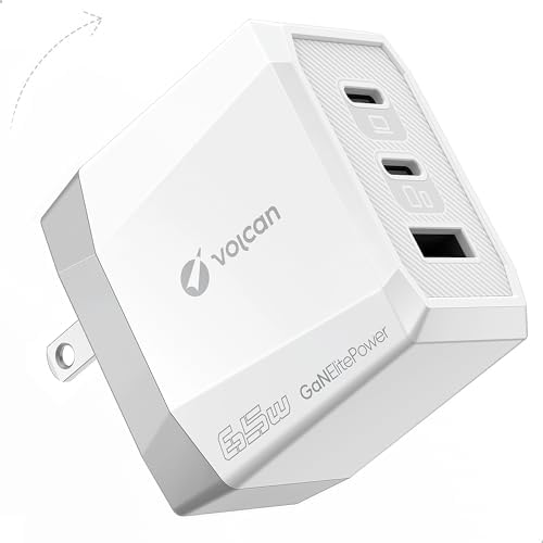 Volcan 65 W Ga N USB-C Triple Port Fast Charger – Ultra-Compact Travel Wall Adapter for Laptops, Tablets & Smartphones – Optimal Power Delivery for i Phone 15/14/13/12/11/X, Mac Book Pro/Air, Samsung Galaxy, Pixel & More – Sleek Design for On-the-Go Efficiency