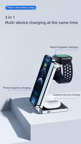 3-in-1 Magnetic Charging Dock for Apple Devices – Foldable & Portable Wireless Charger for i Phone 15/14/13/12 Max/Pro/Mini, Air Pods & Apple Watch – Fast, Efficient Charging Station in Sleek White Finish for Home & Travel