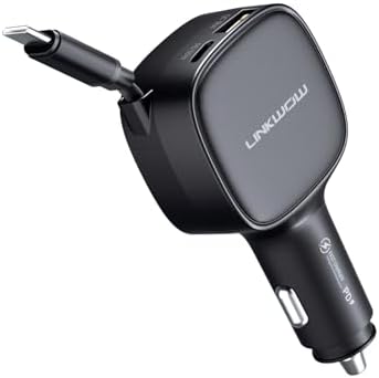 Ultra-Compact 84 W Max Retractable Fast Car Charger – Dual-Port USB C Cigarette Lighter Adapter with Built-In Type-C Cable for Effortless Charging and Clutter-Free Travel, Perfect for Families and Frequent Travelers