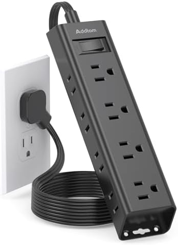 Ultra-Thin Flat Plug Power Strip with 12 AC Outlets – Addtam 5-Ft Surge Protector for Desk and Wall Mount – Multi-Device Charging Station for Home and Office – 1050 Joules Protection, Space-Saving Design for Tidy Workspaces and Enhanced Connectivity