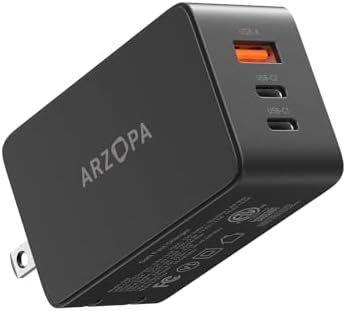 ARZOPA 65 W Ga N USB-C Wall Charger – Compact 3-Port Fast Charging Block for Mac Book Pro, i Phone 15, Galaxy S24 Ultra & More – Ultimate Travel Companion with Foldable Design & Advanced Power Delivery Technology for Rapid Device Charging