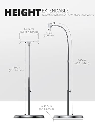 Adjustable 63″ Lamicall Gooseneck Tablet Floor Stand – Sturdy 10.6 lb Base for 4.7-13″ Devices – Ideal Hands-Free Solution for i Pad Pro, Galaxy Tab, Kindle & Smartphones – Enhance Comfort and Ergonomics for Seamless Multitasking