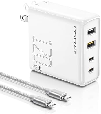 PISEN 65 W Ga N USB-C Fast Charger | 4-Port Compact Wall Adapter with 4 FT Cable | Ultimate Charging Solution for Mac Book Pro, i Pad Pro, Galaxy S23 & i Phone Series | Enhanced Speed, Energy Efficiency & Travel-Friendly Design