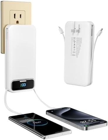 Ultra-Compact 12000 m Ah Power Bank with Built-in Charging Cables & AC Plug – 20 W PD Fast Charging for i Phone, Samsung, Android, USB-C Devices – Travel-Friendly External Battery Pack in Purple – Unmatched Portability and Efficiency for On-the-Go Charging Solutions