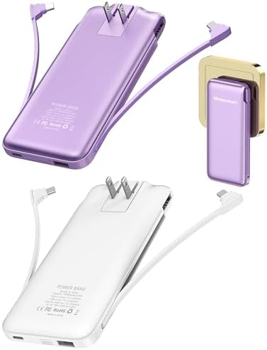 Dual 10000 m Ah Portable Power Bank Set with Built-In Cables and Fast Charging – Travel-Ready USB-C Charger for i Phone & Android Devices in Sleek White & Purple Design – Ultimate Compatibility for On-the-Go Power Solutions