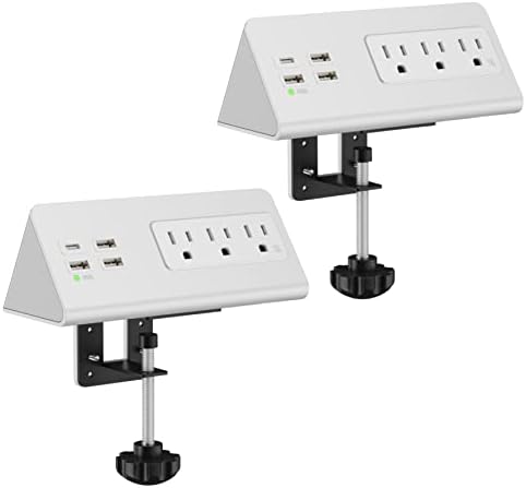 Edge Mount Power Strip with USB-C & AC Outlets – 3 AC Sockets and 4 Fast-Charging USB Ports for Home, Office, and Dorm – Desk Clamp Surge Protector, Compact Design for Enhanced Convenience and Safety – Black (2-Pack)