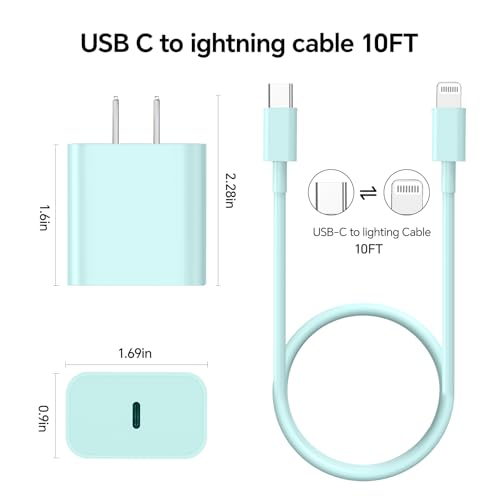 Rapid 20 W PD USB-C Wall Charger with Dual 6 FT Type C to Lightning Cables – Fast Charging Solution for i Phone 14/13/12 Pro Max, 11, XS, XR, X, 8 & Plus – Enhanced Speed and Durability for Everyday Use and Travel – MFi Certified Accessories for Reliable Performance