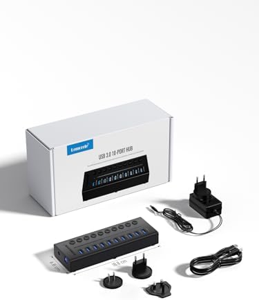 Lemorele 10-Port USB 3.0 Powered Hub – Ultimate 24 W USB Splitter with Individual LED Switches for Smart Device Management, Achieve 5 Gbps Data Transfer & 5 V Charging for Phones, Power Banks, and More – Ideal for Home Offices and Professionals Seeking Efficiency