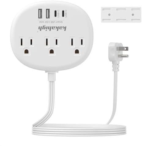 Stylish Brown Extension Cord with 1080 J Surge Protection – 5 FT Flat Braided Design Featuring 3 AC Outlets & 4 USB Ports (24 W/4.8 A) for Fast Charging – Ideal Tan Desk Accessory for Powering Devices Safely & Efficiently