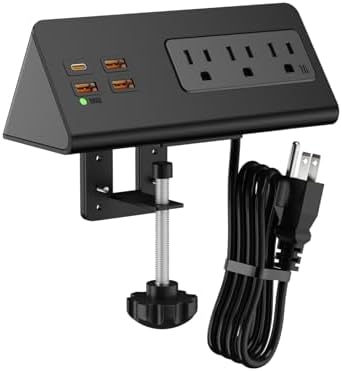 Desk Edge Clamp Power Strip with 4 Fast-Charging USB Ports & 3 AC Outlets – 1875 Joules Surge Protector for Office & Hotel Use, ETL Listed, Space-Saving Design for Convenient Charging Solutions