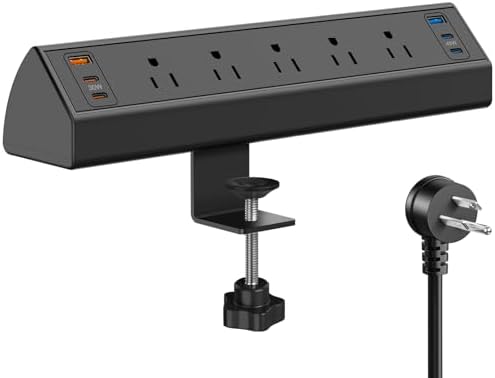 Revolutionize Your Workspace with the Desk Clamp Power Strip USB C – 75 W Total Fast Charging Hub Featuring 5 AC Outlets and 6 USB Ports, Optimized for 1.6″ Tabletop Edges – Ultimate Surge Protection for Laptops, Smartphones, and More