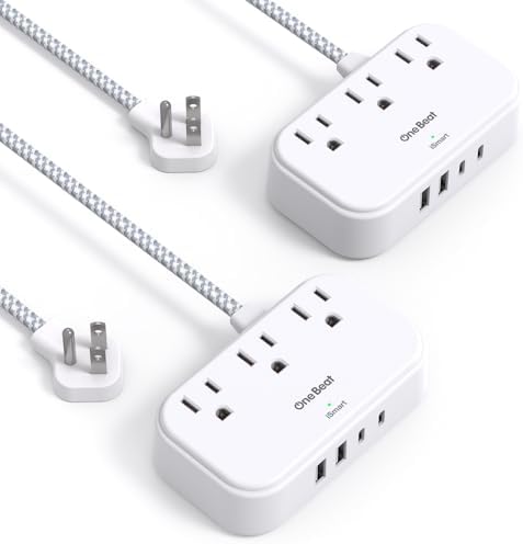 Optimize Your Travel Experience with One Beat Power Strip: 5 Ft Flat Extension Cord Featuring 3 AC Outlets & 4 USB Ports (2 USB-C) – Ideal for Cruise Ships, Dorm Rooms, and On-the-Go Charging – Compact, Non-Surge Protector Design for Enhanced Compatibility & Rapid Device Charging