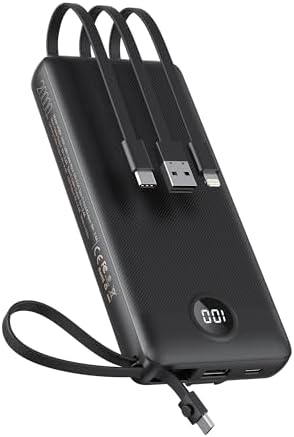 VEEKTOMX 10,000 m Ah Portable Power Bank with Integrated Charging Cables – Slim, Lightweight Fast Charger for i Phone, Samsung, and Android Devices – Essential Travel Companion with Intelligent Charging Technology for On-the-Go Convenience