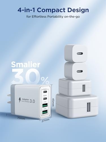 Aioneus 40 W USB C Fast Charging Block – 4-Port Dual PD & QC Wall Charger for i Phone 11-16, i Pad & Samsung Devices – Compact, High-Performance Power Adapter with Enhanced Safety Features for Home & Travel