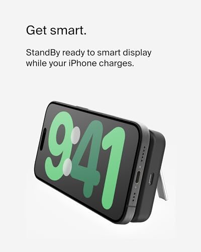 Belkin Wireless Power Bank 5000 m Ah with Mag Safe Compatibility – Portable Charger for i Phone 16 Series, i Phone 15, and Air Pods – 7.5 W Fast Charging with Built-in Kickstand for Hands-Free Use – Lightweight White Design for On-the-Go Charging Solutions