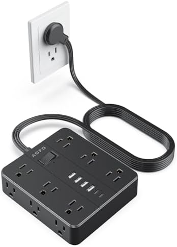 Maximize Your Charging Potential with AOFO 5 Ft Flat Plug Power Strip: 12 Outlet Surge Protector & 6 USB Ports (4 USB-A, 2 USB-C) for Home, Office, and Dorm Use – Reliable, Safe, and Space-Saving Design for All Your Devices