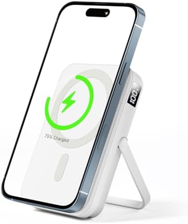 Ultra-Fast Mag Safe Battery Pack – 10,000 m Ah Magnetic Power Bank with Built-in Stand for i Phone 12-16 Series – Sleek White Design with 22.5 W USB-C Quick Charge Capability – Ideal Portable Charger for Professionals and Travelers
