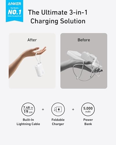 ANKER 3-in-1 Portable Power Bank with USB-C Charger Block – 5,000 m Ah Fast Charging Battery Pack with Built-in Cable and Foldable AC Plug for i Phone 15, Galaxy, Mac Book – Ultra-Compact Design for Ultimate Convenience and Speed