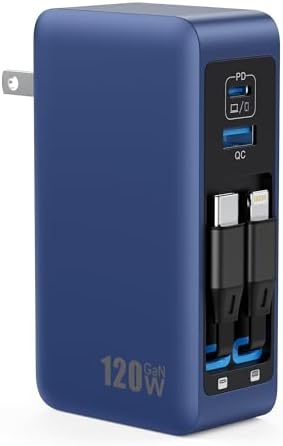 120 W Ga N IV USB-C Charger Station with Dual Retractable Cables – Fast Charging Wall Adapter for Mac Book, i Pad, i Phone 16/15/14, Galaxy S24 & Android Devices – Compact 4-in-1 Foldable Design for Effortless Travel and Enhanced Compatibility