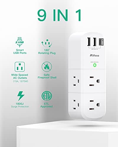 Mifaso 6-Outlet Surge Protector with 3 USB Fast Charging Ports – Rotating Plug Power Strip for Home, Travel, and Dorm Room Use – 1800 Joules of Protection with 3-Sided Swivel Design for Maximum Accessibility and Device Compatibility