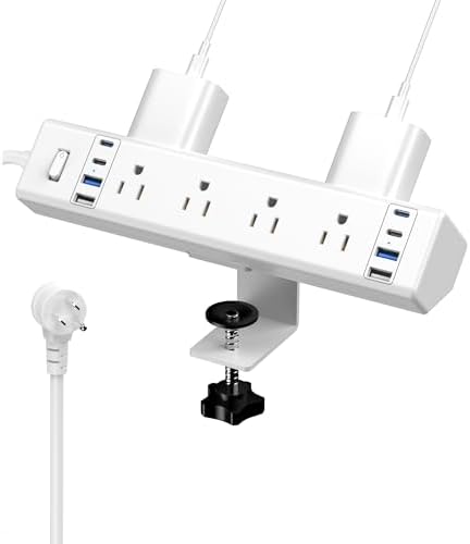 40 W High-Speed Desk Clamp Power Strip with 4 USB-C Ports & 8 AC Outlets – Efficient Surge Protector for Home Office – 14 AWG Heavy Duty Cord, Fits 1.9″ Tabletop Edges, 6 Ft Cable for Maximum Flexibility and Enhanced Device Compatibility