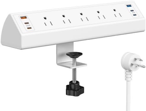 Revolutionize Your Workspace with the Desk Clamp Power Strip USB C – 75 W Total Fast Charging Hub Featuring 5 AC Outlets and 6 USB Ports, Optimized for 1.6″ Tabletop Edges – Ultimate Surge Protection for Laptops, Smartphones, and More