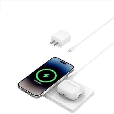 Belkin 15 W Mag Safe-Compatible 2-in-1 Wireless Charging Station – Fast Dual Device Charger for i Phone 16, 15, 14, 13 Series & Air Pods – Sleek Sand Design for Effortless Portability and Seamless Power Solutions