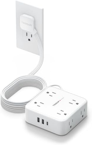 TESSAN Power Strip Tower Surge Protector: 8 AC Outlets & 3 USB Ports (1 USB-C) with 900 Joules Protection, 5 FT Flat Plug Extension Cord – Ultimate Desk Charging Station for Home Office and Dorm Room Efficiency
