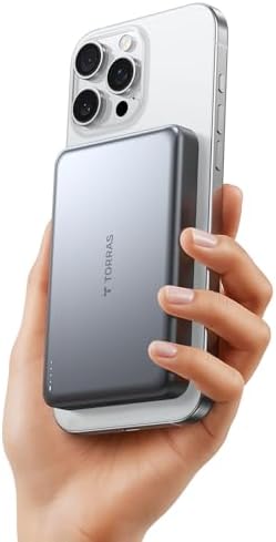 TORRAS Ultra Slim Mini Mag 5,000 m Ah Wireless Power Bank – Fast Charging Magnetic Battery Pack, Mag Safe-Compatible Portable Charger for i Phone 16/15/14/13/12 – Sleek Glacier Gray Design for Effortless On-the-Go Charging