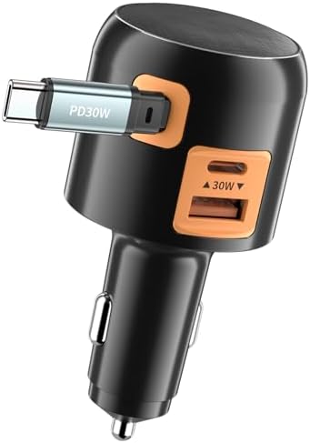 Effortless Charging on the Go: Retractable 60 W USB C Car Charger for i Phone 16, i Pad, Pixel & More – Compact Fast Charge Solution with Built-In Retractable Cable for Enhanced Compatibility and Clutter-Free Storage